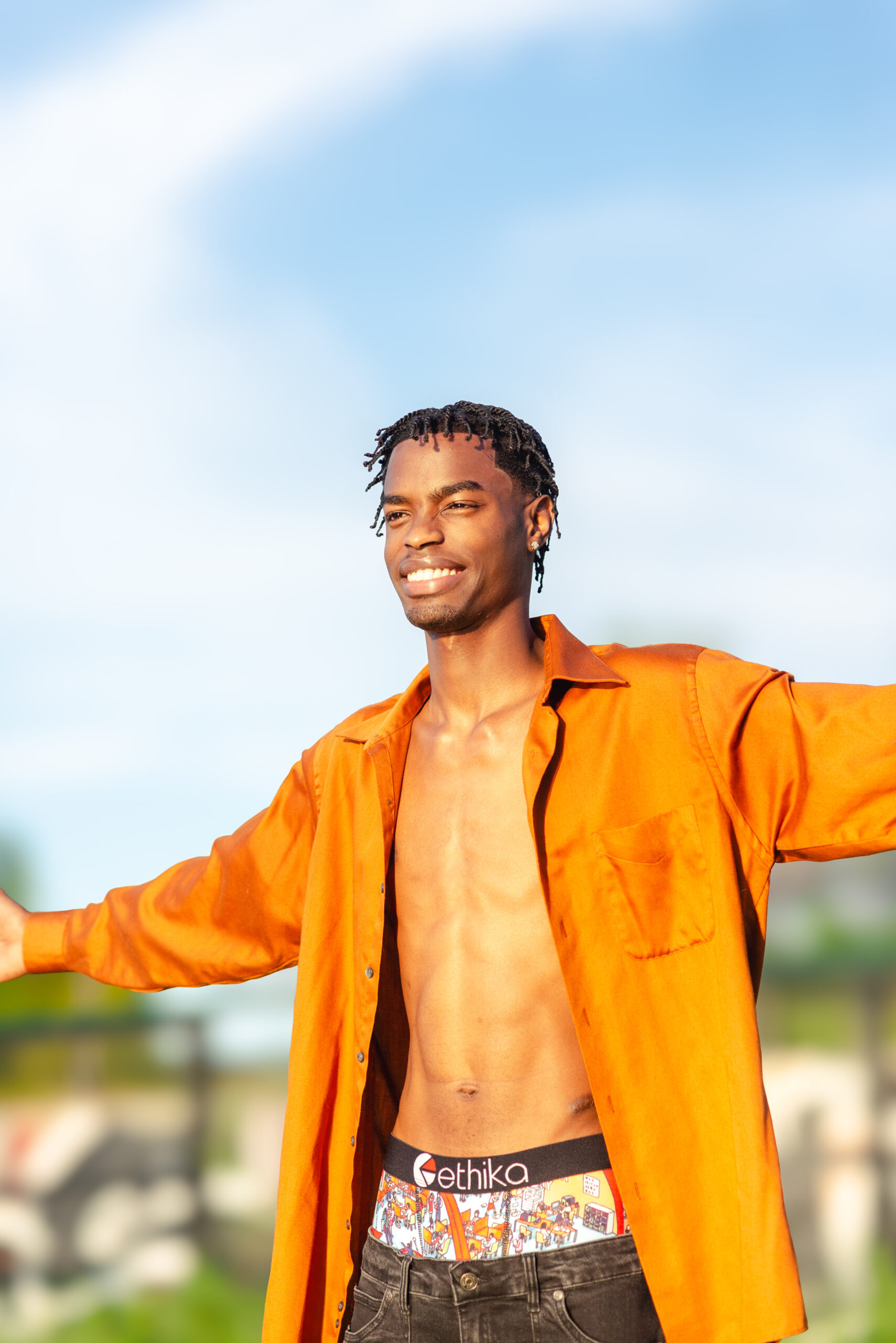 Abou, male model represented by Idée Models, Montreal modeling agency, in a summer fashion test shoot